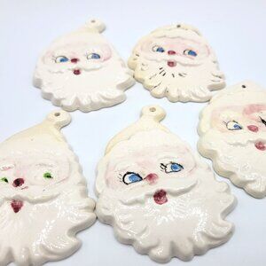 5 Ceramic Santa Claus Heads,  Ornaments Christmas Holiday Handmade